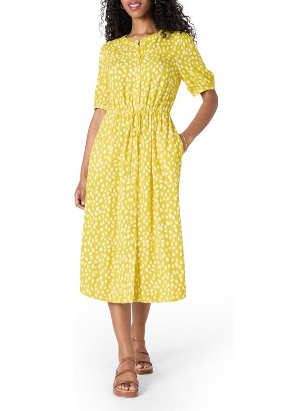 Women's Yellow Feminine Half Sleeve Waisted Comfortable Midi A-line Dress